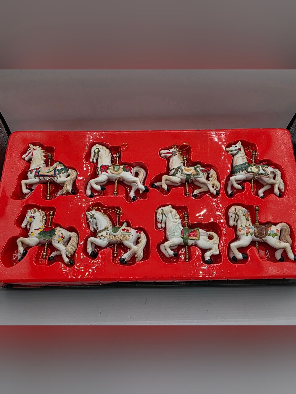Vintage Brite Star Porcelain Carousel Horse Ornaments Set Of 8.